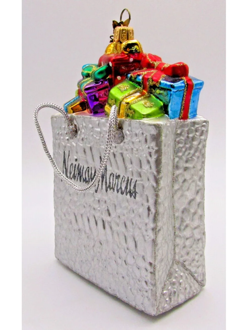 Neiman Marcus 2012 Mercury Glass Shopping Bag Ornament with Green Glass Stand